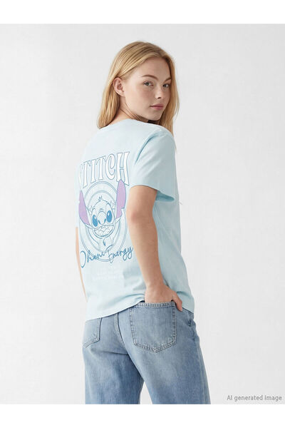 LC Waikiki Nevavm Farkıyla Xside Blue Oval Collar Stitch Printed Women's T-Sh...