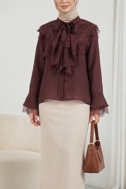Modamorfo Lace-Up Collar, Ruffled Lace Detail, Long Back Cupra Shirt - Plum