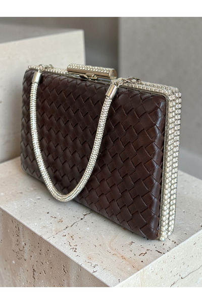 Biçanta Brown Silver Stone Embroidered Hand-Woven Leather Special Series Women's Evening Dress Bag
