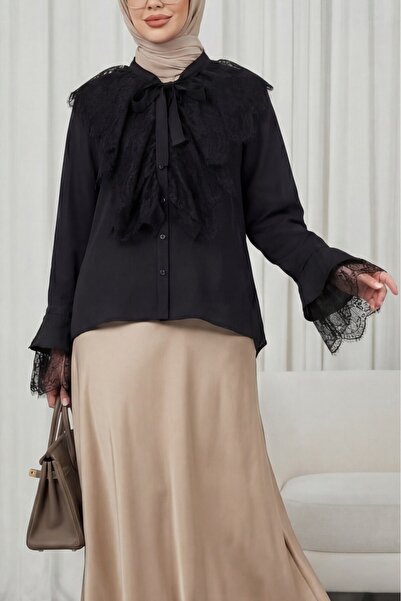 Modamorfo Lace-Up Collar, Ruffled Lace Detail, Long Back Cupra Shirt - Black