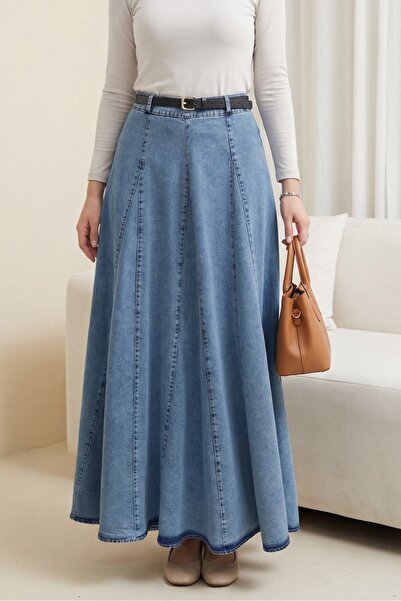 Modamorfo Τζιν φούστα με ζώνη με αγκράφα και φερμουάρ - Μπλε χιονιού