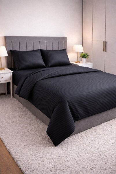 Sares Home Βαμβακερό Μαύρο Ριγέ Σατέν Σετ Παπλωματοθήκη Διπλού Μεγέθους με Κο...