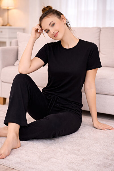 MyBen Γυναικείο βαμβακερό μαύρο σετ πιτζάμες - άνετη εφαρμογή - κοντομάνικο