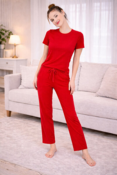 MyBen Γυναικείο βαμβακερό κόκκινο σετ πιτζάμες - άνετη εφαρμογή - κοντομάνικο