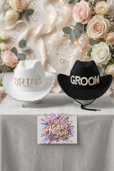 Kokoş Parti Bride ve Groom Taşlı ve İncili Lüks Kovboy Şapkası İkili Set • Be...