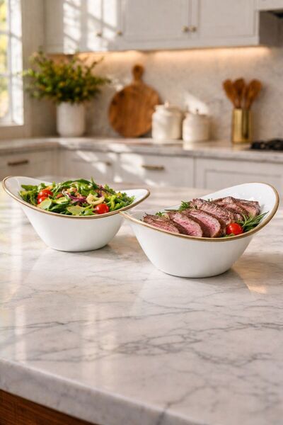 evinbizden Porcelain 2-Piece Bowl Set Coffee White Pattern Presentation Servi...
