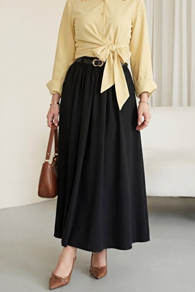 Modamorfo Buckle Belted Pleated Side Pocket Zippered Tivil Skirt - Black