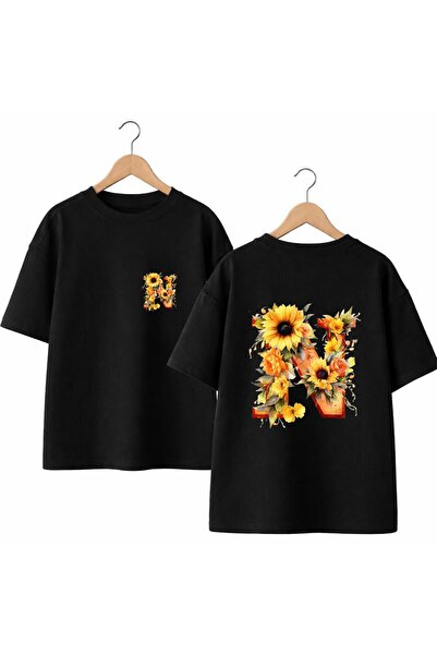 playwear Tricou cu imprimeu cu litere Moon Flower N pe spate și piept, 100% b...