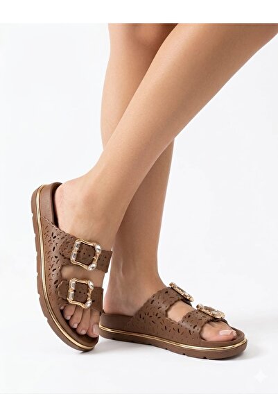 AkınalBella Women's Brown Double Buckle Lace Model Lightweight Beach Pool Dai...