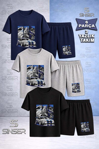 SS SİNSER Children's Car Blue Multiple Squares Custom Printed Crew Neck 3-Pie...