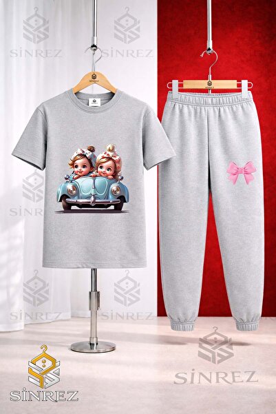 SİNREZ Unisex Kids Car 2Li Girl Cute Printed T-Shirt Tracksuit Set