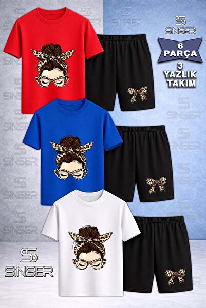 SS SİNSER Children's Girls Head Leopard Ribbon Custom Printed Crew Neck 3-Pie...