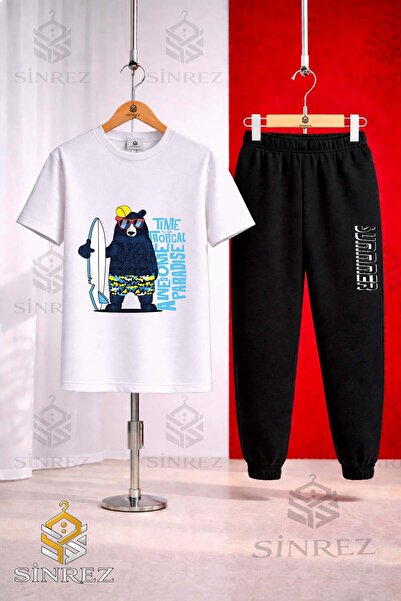 SİNREZ Unisex Kids Ayicik Syh Surf Sapka Printed T-Shirt Tracksuit Set