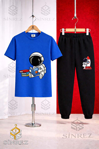 SİNREZ Unisex Kids Astronaut Reading Books Printed T-Shirt and Sweatpants Set