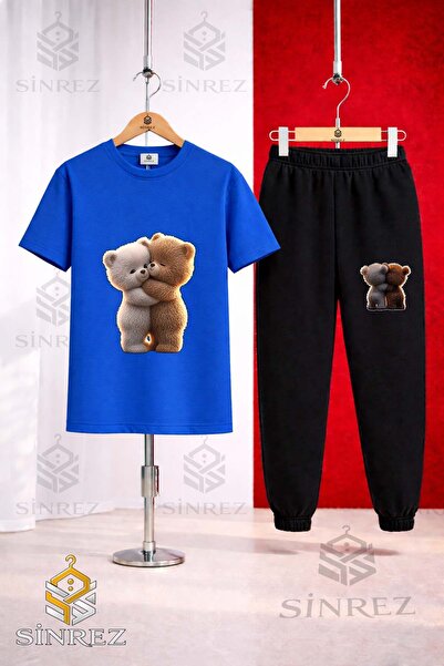 SİNREZ Set de trening unisex pentru copii, cu tricou imprimat, 2 piese