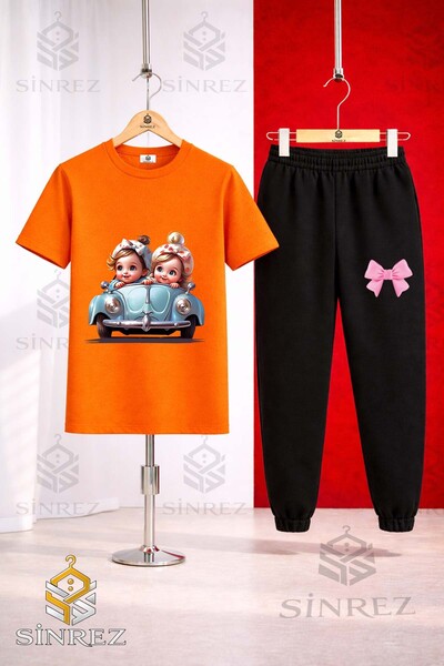 SİNREZ Unisex Kids Car 2Li Girl Cute Printed T-Shirt Tracksuit Set