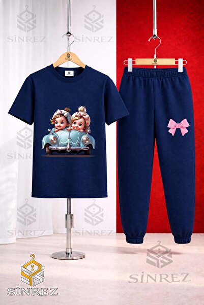 SİNREZ Set de trening unisex pentru copii CAR 2LI GIRL CU imprimeu drăguț