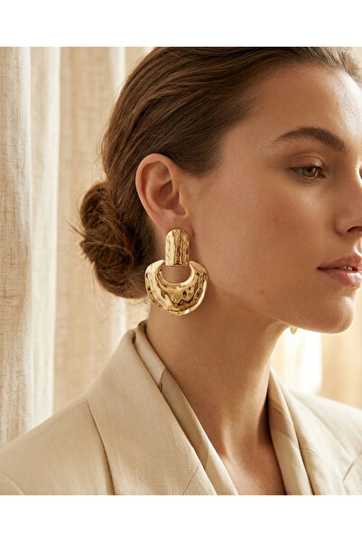 Dorvina Vintage Kadın Küpe Kararmaz Gold Renk Mantar Plaka Model