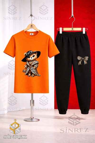 SİNREZ Unisex Kids' T-Shirt and Sweatpants Set with Bear, Leopard, and Fur Pr...