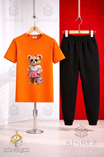 SİNREZ Unisex Kids Bear Pink Skirt Canta Printed T-Shirt Tracksuit Set