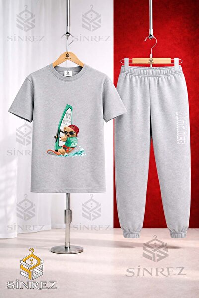 SİNREZ Unisex Kids Bear Surf Sea Printed T-Shirt and Sweatpants Set
