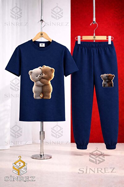 SİNREZ Unisex Kids' Bear Hug 2-Piece Printed T-Shirt and Sweatpants Set