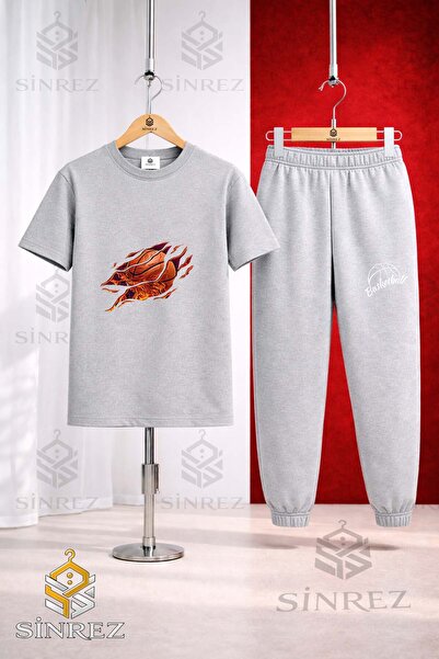SİNREZ Set de trening unisex pentru copii, cu tricou imprimat cu minge de bas...