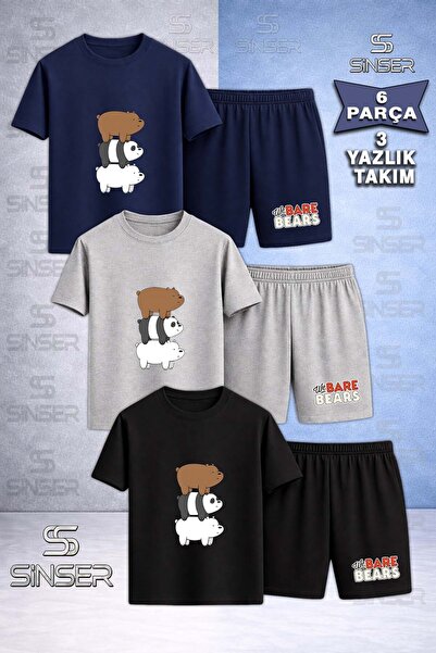 SS SİNSER Children's Pandas 3Lu Sir Sirta Special Printed Crew Neck 3-Piece T...