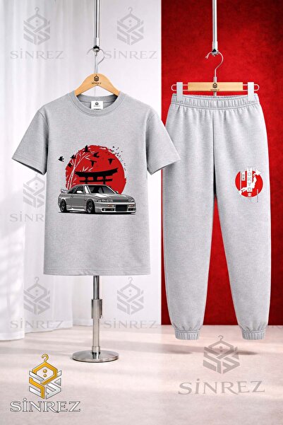 SİNREZ Unisex Kids' Car Tokyo Red Circle Onunde Printed T-Shirt Tracksuit Set