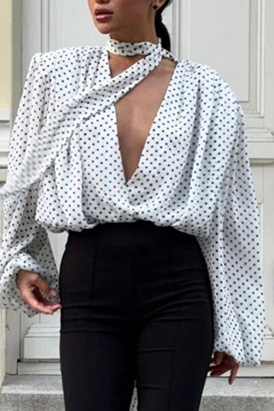 Noi Belis Polka Dot Detailed Balloon Sleeve Scarf Woven Shirt Ss26Go0012