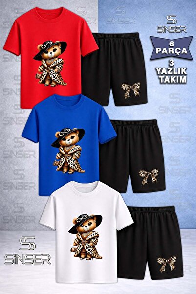 SS SİNSER Children's Bear Leopard Fur Special Printed Crew Neck 3-Piece T-Shi...