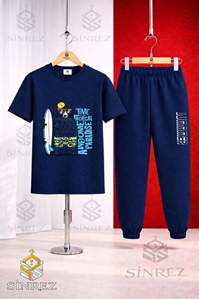 SİNREZ Set de trening unisex pentru copii AYICIK SYH SURF SAPKA cu tricou imp...