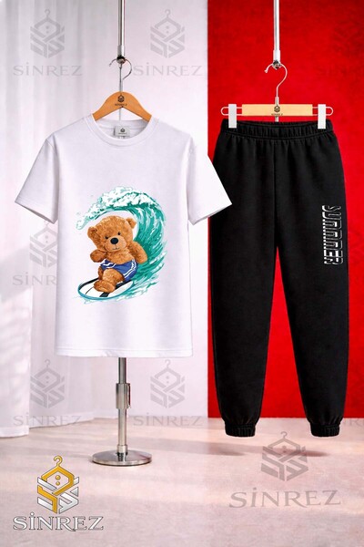SİNREZ Set de trening unisex pentru copii, cu tricou imprimat AYICIK SORTLU SURF