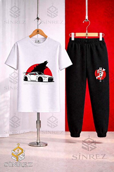 SİNREZ Unisex Kids Car Tokyo Byz Japenes Writing Printed T-Shirt Sweatpants Set