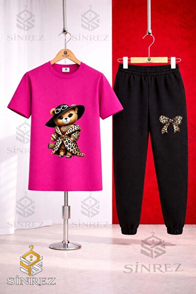 SİNREZ Set de trening unisex pentru copii, cu tricou imprimat cu ursuleț, leo...