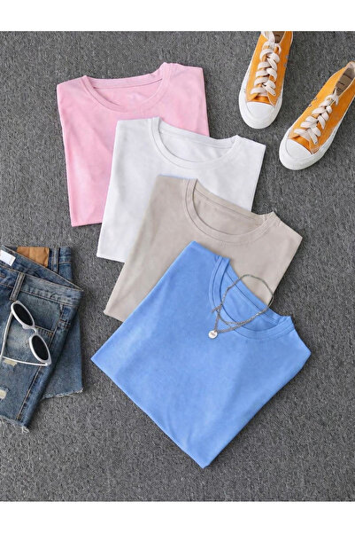 SANTAMİLA Σετ 4 τεμαχίων Ροζ Λευκό Μπεζ Μπλε Υπερμεγέθη Μπλουζάκια