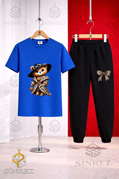 SİNREZ Unisex Kids' T-Shirt and Sweatpants Set with Bear, Leopard, and Fur Pr...