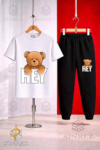 SİNREZ Set de trening unisex pentru copii, cu tricou imprimat cu ursuleț și m...