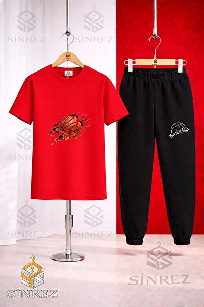 SİNREZ Set de trening unisex pentru copii, cu tricou imprimat cu minge de bas...