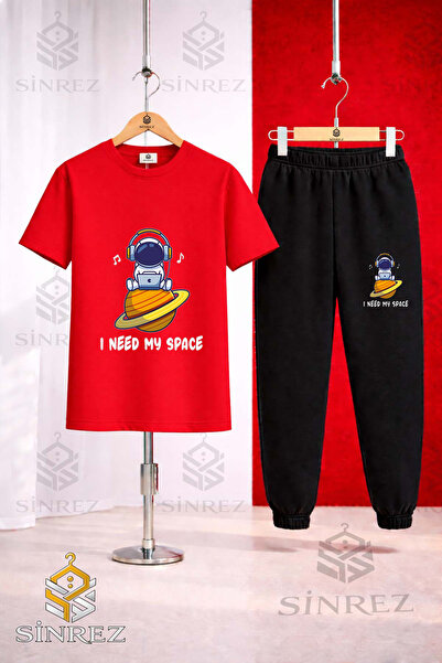 SİNREZ Unisex Kids Astronaut Space Planet Superior Printed T-Shirt Tracksuit Set