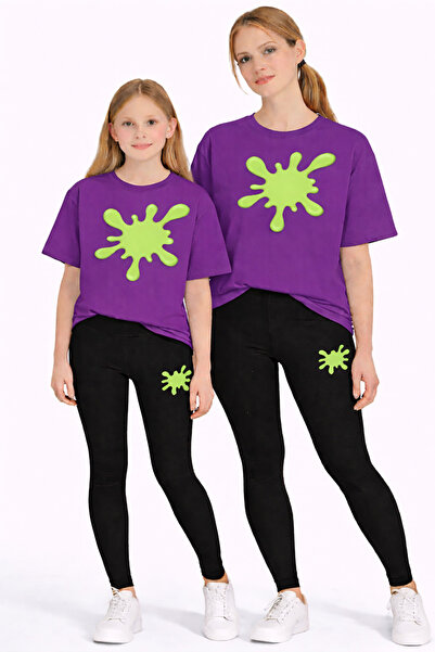 VODEXA تي شيرت كبير الحجم للأم والابنة، تي شيرت توأم مطبوع عليه GREEN PAINT (...