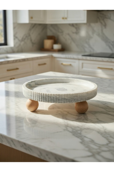 lufen deco Mermer Desenli Beton Ahşap Ayaklı Sunum Tepsisi Mumluk Yağdanlık A...