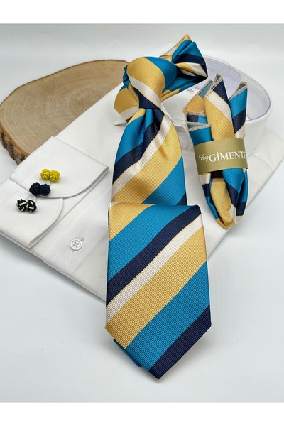 Gutiero Turquoise Gold Striped Classic Tie with Handkerchief