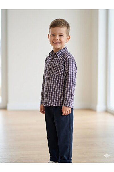 Motebarn Wear Σετ πουκάμισο και παντελόνι για αγόρια σε ναυτικό μπλε καρό σχέ...