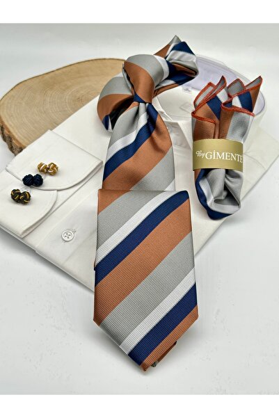 Gutiero Gray Brown Striped Classic Tie with Handkerchief