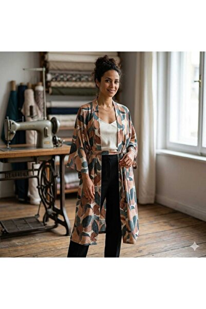 SHE BEST Belmando Viscose Fabric Patterned Long Kimono in Wide Size Range (40...