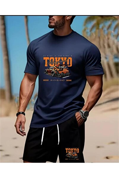 DİVİN Tokyo Printed Oversize Top-Bottom Set Black Bartik Shorts T-Shirt