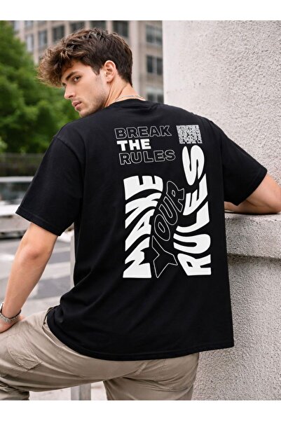 HerTarzınTrendi Unisex Oversize Μπλουζάκι με στάμπα "Make Your Rules " διπλής...