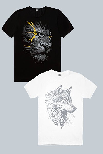 ROCKANDROLL Κεφάλι λύκου, Κίτρινοφθαλμος Λιοντάρι, Ανδρικό Μπλουζάκι 2 τεμαχί...