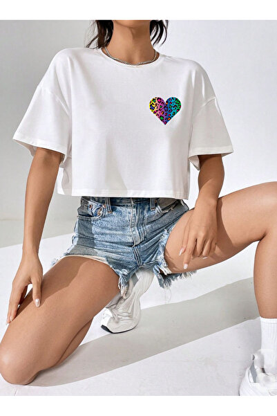 SUNFREE Leopard Colorful Heart Printed Loose Short Sleeve Crew Neck Women's C...